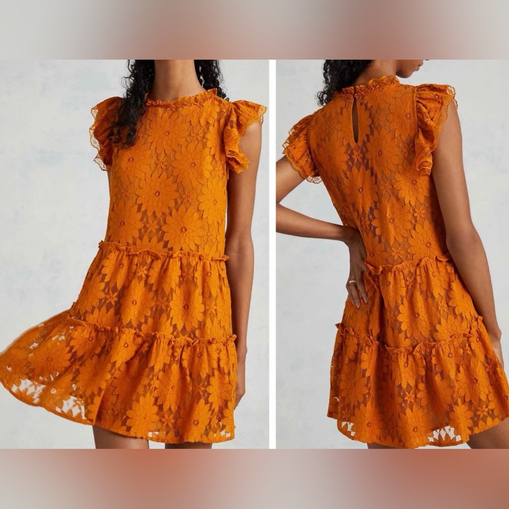 Anthropologie Blue Tassel Floral Lace Tiered Mini Dress/Tunic, Size XS